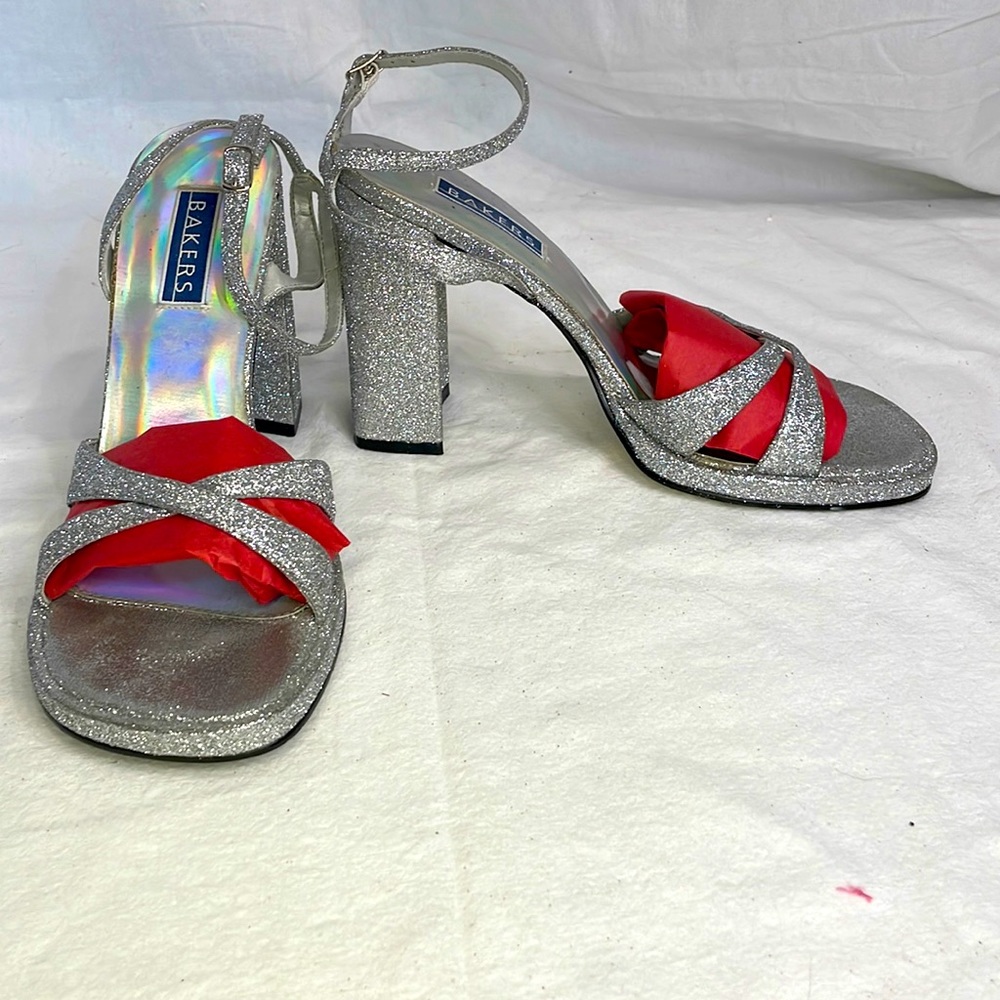 Vintage 2000s Silver Glitter Square toe Ankle Strap Heel Size 9